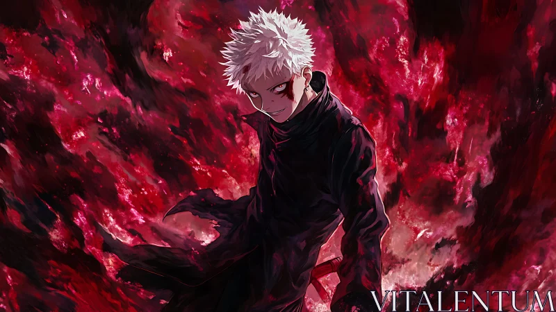 White haired anime warrior amid swirling red energy.