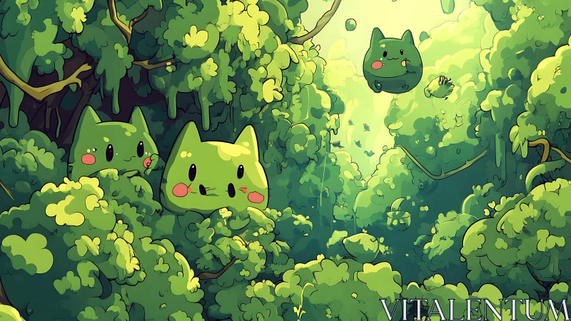 Whimsical Cats Nestled in Lush Forest Canopy