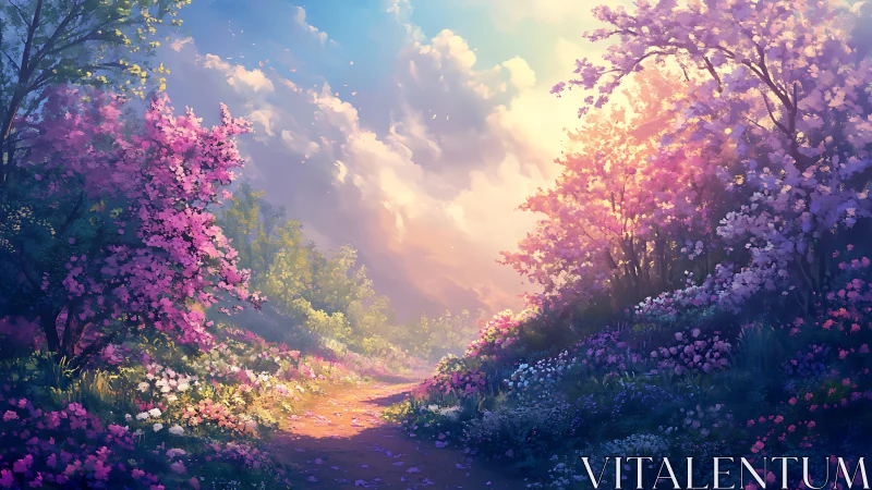 Sunlit garden path winding through blooming spring trees.