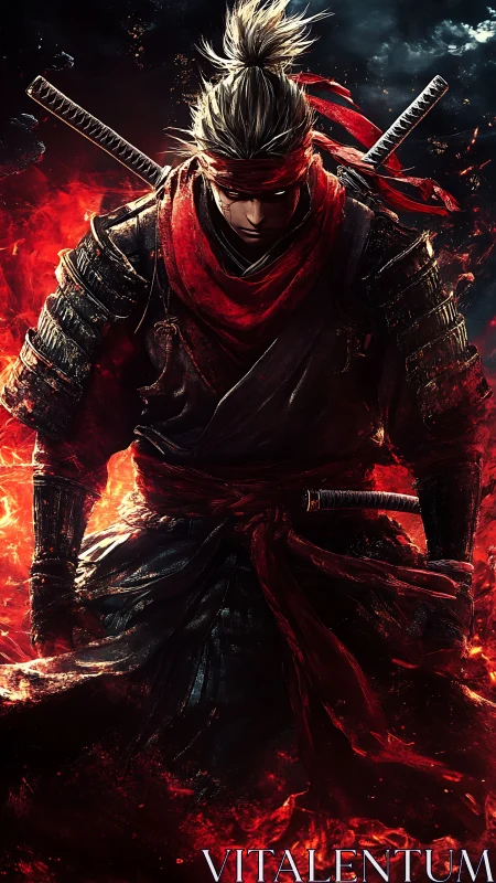 Samurai warrior stands in burning red flames in armor