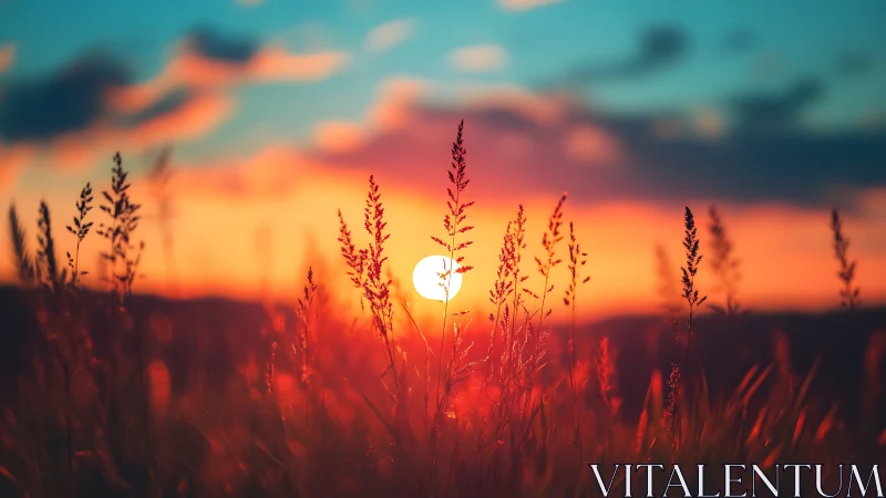 Sunset light through wild grass silhouettes in soft focus.