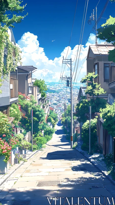 Sunlit hillside street overlooks distant summer coastal city