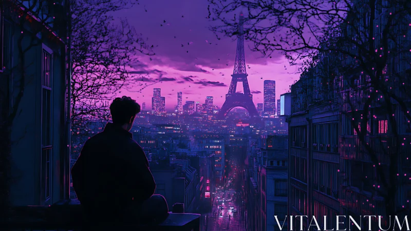 Neon magenta Paris skyline with lone silhouetted observer at dusk