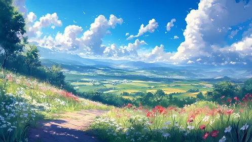 Sunlit wildflower hillside overlooks distant summer valley