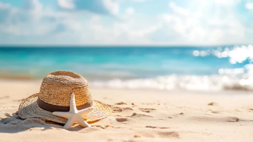 Sunlit straw hat and starfish rest gently on a calm beach