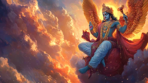 Winged blue-skinned deity seated above illuminated clouds.