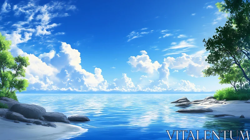 Calm tropical shoreline rests beneath radiant summer skies