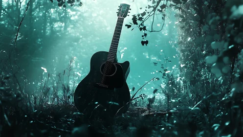 Acoustic guitar stands upright in dense, teal-tinted forest