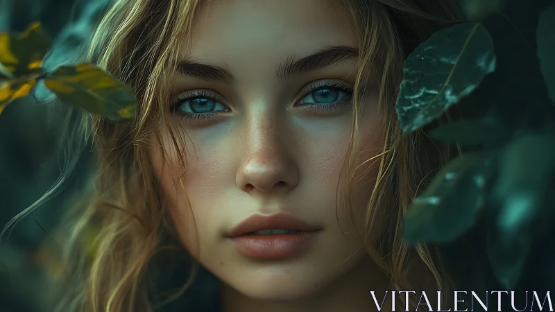 Forest portrait with teal-toned eyes and cinematic close-up lighting.