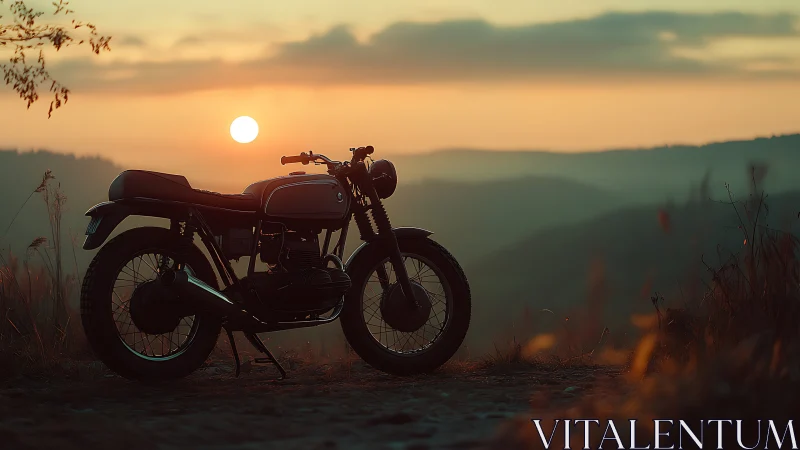 Photorealistic retro motorcycle silhouette at sunset overlook.