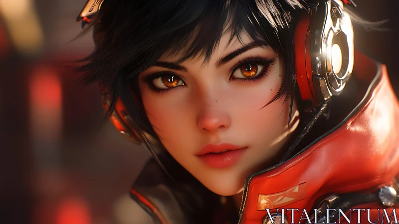 Cinematic close-up of cybernetic girl in orange headset portrait