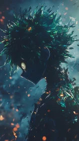 Shattered embers orbit a brooding hero forged from stardust