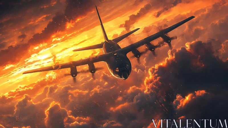 Military cargo plane carves through blazing sunset clouds