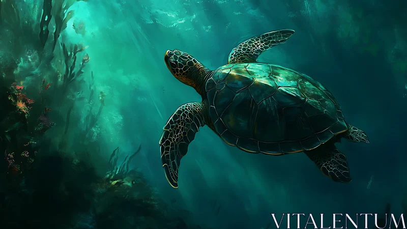 Digital painting of sea turtle gliding through teal reef light.