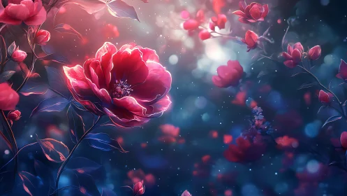 Luminescent red flowers against dark blue background with particle effects.