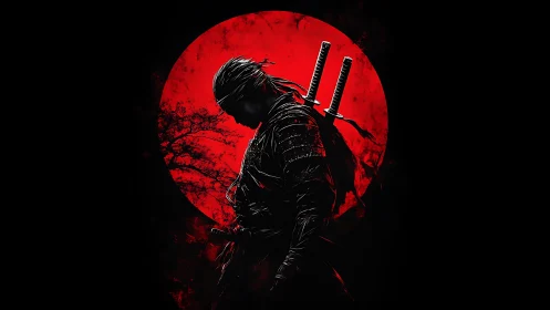 Lone ninja silhouette before large red moon with katanas.