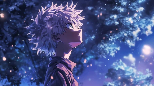 White haired anime boy studies glowing night sky amid trees