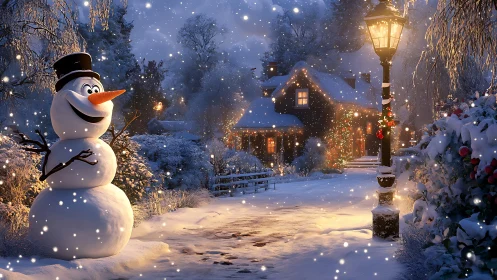 Cheerful snowman greeting you on a cozy winter evening.