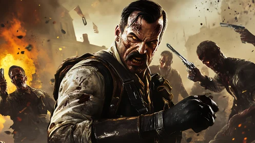Militarized survivor battling armed zombies in explosive warzone