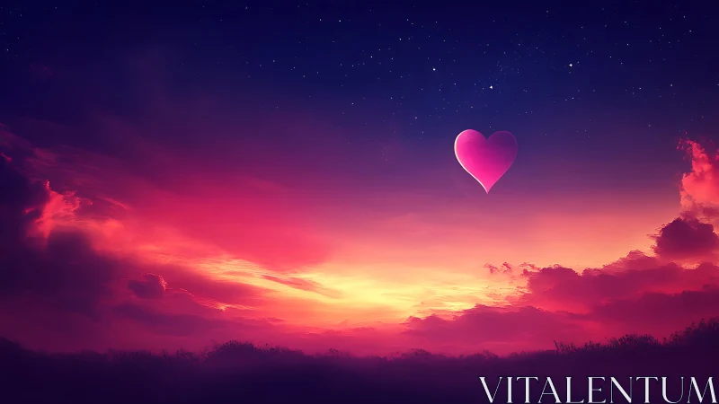 Neon Heart Floating Above Dramatic Sunset Landscape