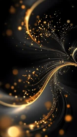 Golden light particles curve through dark abstract space