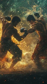 Underwater Boxing Combat Scene with Golden Particle Effects.