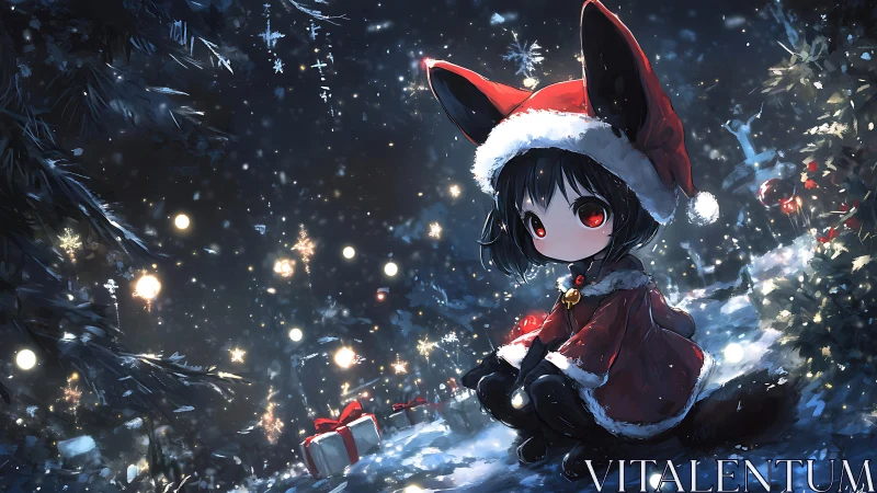 Soft winter magic surrounds a shy fox-eared child in red