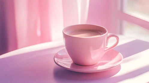 Pink ceramic cup of milky beverage on matching saucer.