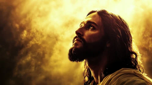 Reverent man gazes upward into radiant golden heavens