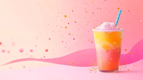 Gradient Beverage with Pink Foam and Straw in Pink Environment
