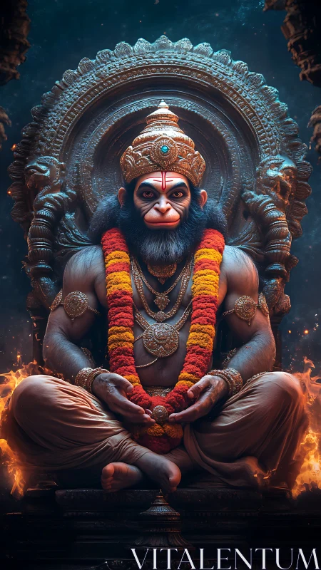 Divine Hanuman seated on flaming throne in jeweled armor