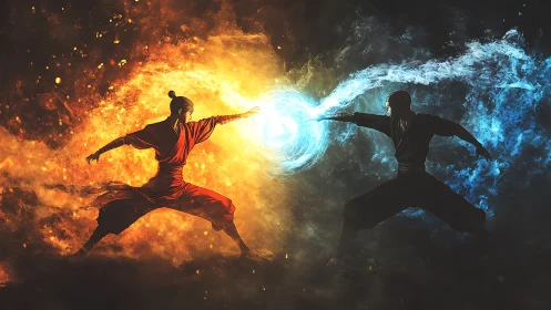 Elemental warriors clash as fire and water collide in battle