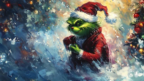 Mischievous green creature in Santa suit amid swirling snow.