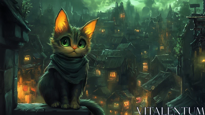 Anthropomorphic feline figure positioned against stylized urban fantasy landscape.