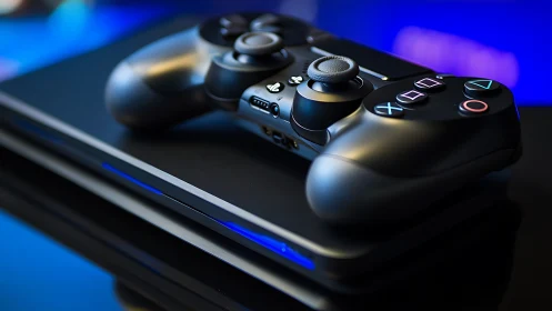 Gaming Controller on Console with Blue Lighting.