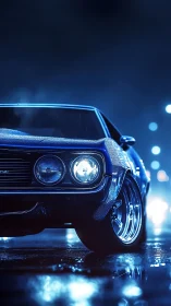 Classic coupe front view on wet urban street at night.