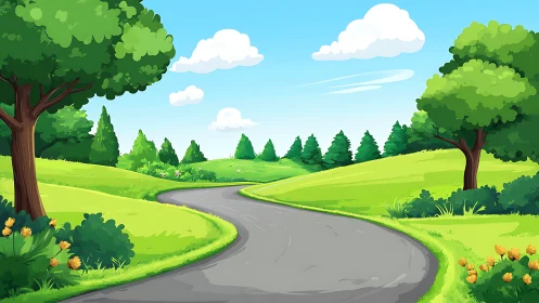 Idyllic Pastoral Landscape: Winding Asphalt Road Through Verdant Valley.