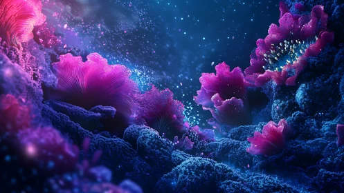Glimmering coral garden glows softly in a dreamy ocean night