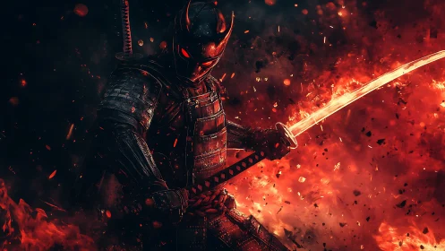 Armored swordsman in red-illuminated battlefield environment.