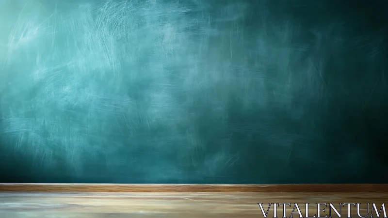 Empty green chalkboard stands above wooden classroom floor