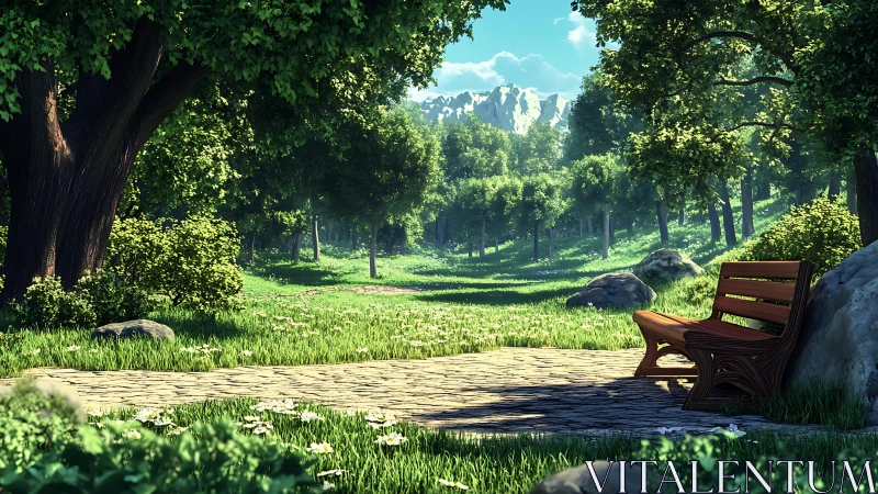 Sunlit forest bench overlooks peaceful green valley path.