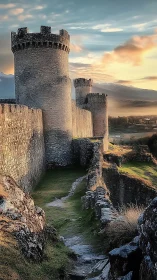 Ancient stone castle walls glow in soft golden sunset light.