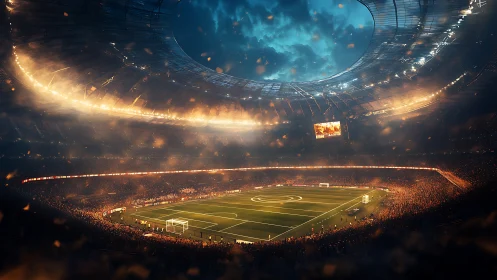 Floodlit football stadium bowl encircles vivid green pitch