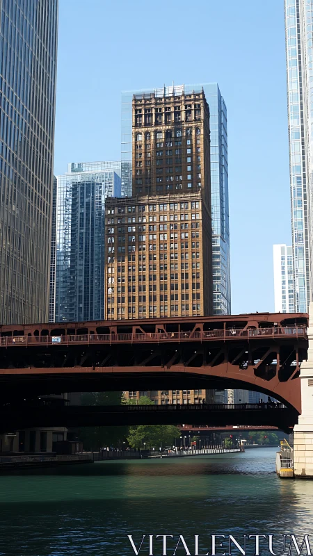 Steel bridge over river with aligned urban skyscrapers.