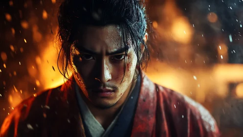 Samurai warrior in rain with sparks and intense gaze.