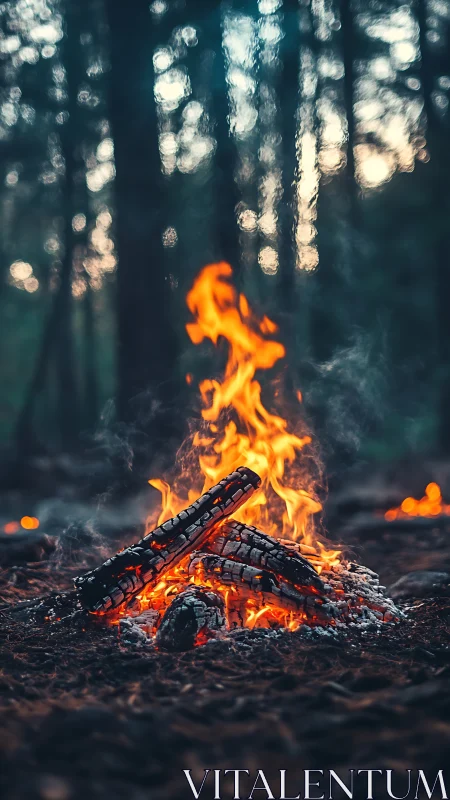 Campfire Burns Luminously Among Forest Darkness