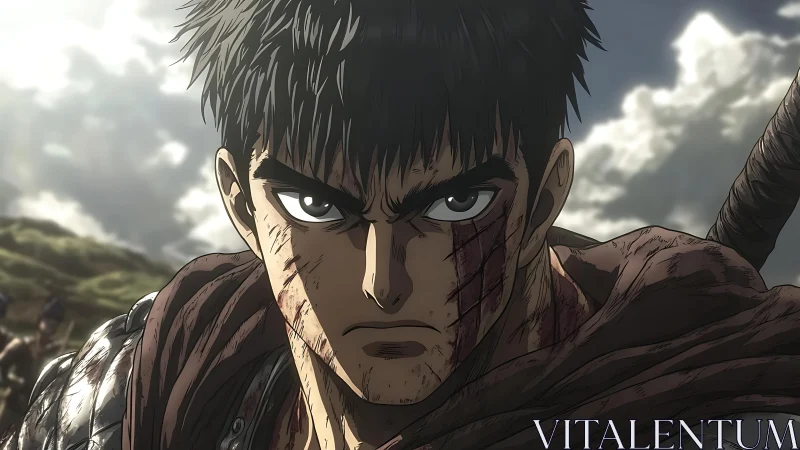 Battle-worn anime swordsman against cloudy outdoor sky.