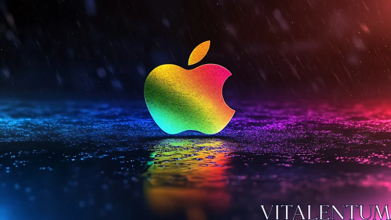Radiant rainbow apple logo glows gently in a rainy night scene