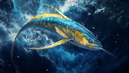 Sapphire marlin streaks through stormlit ocean thunder.