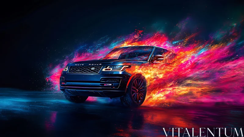 Midnight SUV ignites neon firestorm across liquid asphalt.